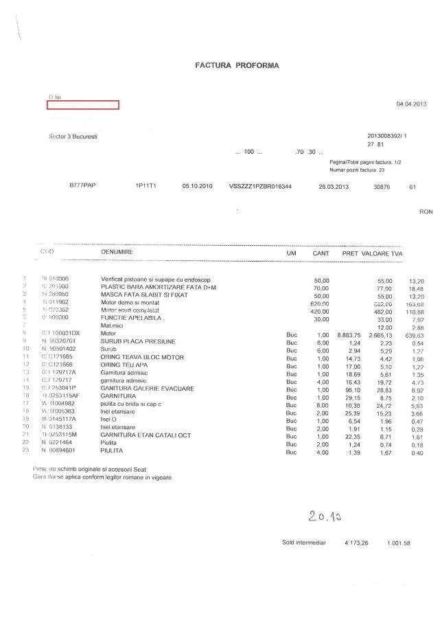 Remanufactured engine and parts bill